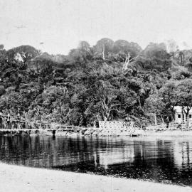 The swing bridge and sawmill at the mouth of the Patarau River, near West Wanganui on the West Coast . 1910.