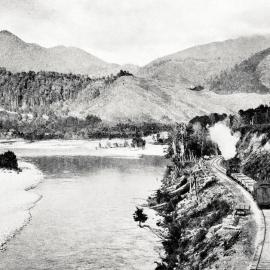 A new section of the Nelson-West Coast railway between Glenhope and Inangahua -  It runs along the bank of the Buller River.1929.