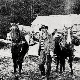 Prospectors from the upper Matakitaki River district can be seen packing stores into their camp  at Burn Creek.1933.
