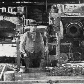 The furnace for retorting the amalgam to secure the pure gold - Blackwater mine, Waiuta.1933.