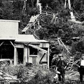 Two miners on site where the Homer Gold Mine battery adjoins the Blackwater Mine.Waiuta. 1934.