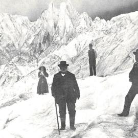 THE PREMIER'S TOUR OF WESTLAND, N.Z. - MR. SEDDON AND PARTY MAKING THE ASCENT OF THE FAMOUS FRANZ JOSEF GLACIER