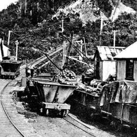 Coal trucks at the bottom of the Denniston Incline.1912.