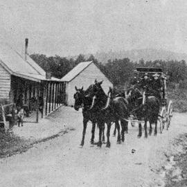 A coach on its way to Westport from Reefton, captured in a photograph by A. S. Arrowsmith during his cycle tour to the West Coast.1897.