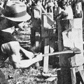 Axeman wood chopping at the annual sports at  Te Kinga.1938.
