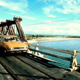  Arahura River Bridge, a single lane combined road and rail truss bridge on State Highway 6.ca. 1980`s.