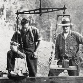 Gold being weighed at the Alexander Mine, Reefton district.1932.