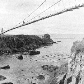 Suspension bridge at Tirimoana carries coal from Brightwater Coal Company's mine for shipping. 1938.