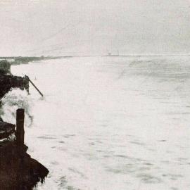 Heavy gale at Hokitika - waves invade the town.1913.
