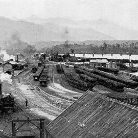 A view at Westport, showing coal trucks ready for loading vessels at the wharf .1903.
