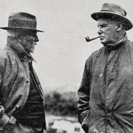 One of the oldest West Coasters - Mr Arthur Dudley Dobson (left) , chatting with Sir Frances Bell, who was present with the Ministerial Party.1924.