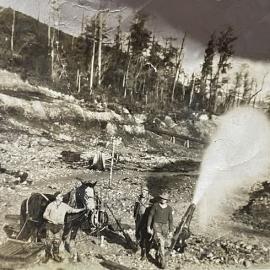 Tom Malcolm, Charlie Henderson and ___?  at  Mark and John Shaw Gold Claim - Waitahu, Reefton.