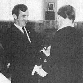ALBUM - Cobden - Kohinoor Schoolboy Presentation of Trophies - Ken McMullen presents Kevin Franklin with a cup.1969.