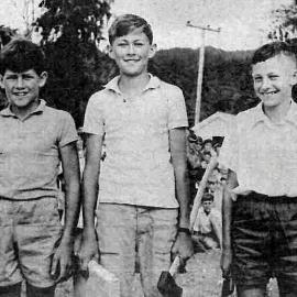 Winners of the wood chopping competition - David and Peter Curtain, Hokitika, and Des Seymour  Ikamatua.1966.
