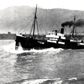 The Westland Shipping Company's steamer Tees ,crossing the Greymouth Bar after being delayed in port for a week by continuous heavy weather.1930-07-09.