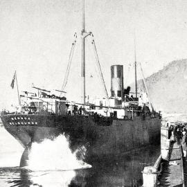 Berthing the S.S. Mernoo  at Greymouth - The Mernoo is the largest vessel to visit the port.1930.