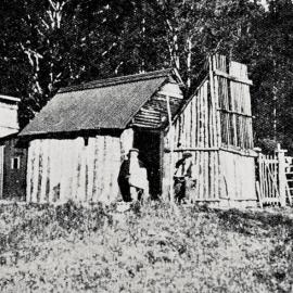 Gold prospectors outside their home, near Reefton.1924.