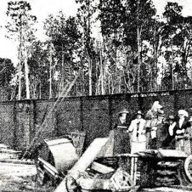 The Rimu Gold Dredging Company's large pontoon before being launched in the dam at Hokitika.1921.