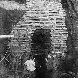 BLACKBALL COAL MINE -  Huge timber support props used to prevent the roof of the underground tunnel from collapsing.ca.1900.