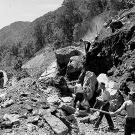 Construction work alongside the Hollyford River on the highway between Hollyford and Okuru.1940.