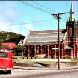 St Johns Presbyterian church, Dennehy house and council fountain, Tainui Street Greymouth