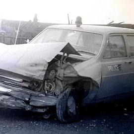 ALBUM - A couple of Police cars that were damaged at the time of the Inangahua EQ - could of hit slips in the Buller Gorge. 1968.