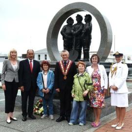 Governor General Sir Jerry Mataparae and wife Lady Janine with Greymouth Mayor Tony Kokshoorn and wife Lynne, laying a wreath at the Miners` memorial. 2016