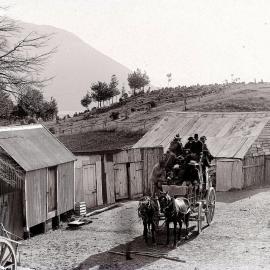 Horse-drawn carriage in small settlement (Bealey) West Coast.