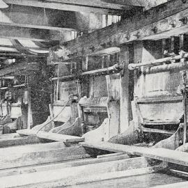 Interior view of the Progress Battery at Reefton, showing 60 heads of stampers at work, July, 1909