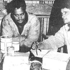 Eddie Edwards, John Armstrong (Foreman), Peter O`Connell having smoko.Haast Highway construction.1964.