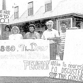 Karamea Post Office protesters outside the building they have occupied since New Zealand Post closed it on February 5, 1988