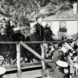 A ceremony at the Bridge of Remembrance, Cobden, Greymouth.1925.