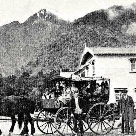 Old mail coach outside hotel in Weheka , Fox Glacier -  It is still in use.1929.