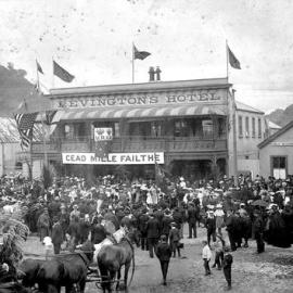 A crowd outside Revington's Hotel in Greymouth.