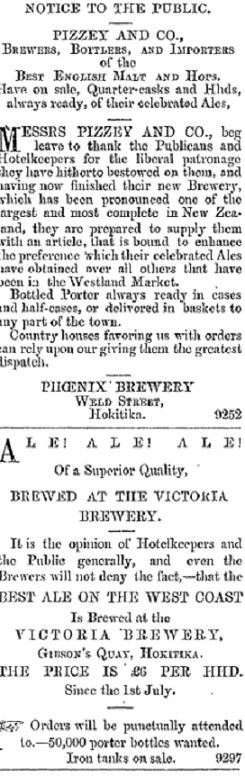 Hokitika Brewery Advertising 1867